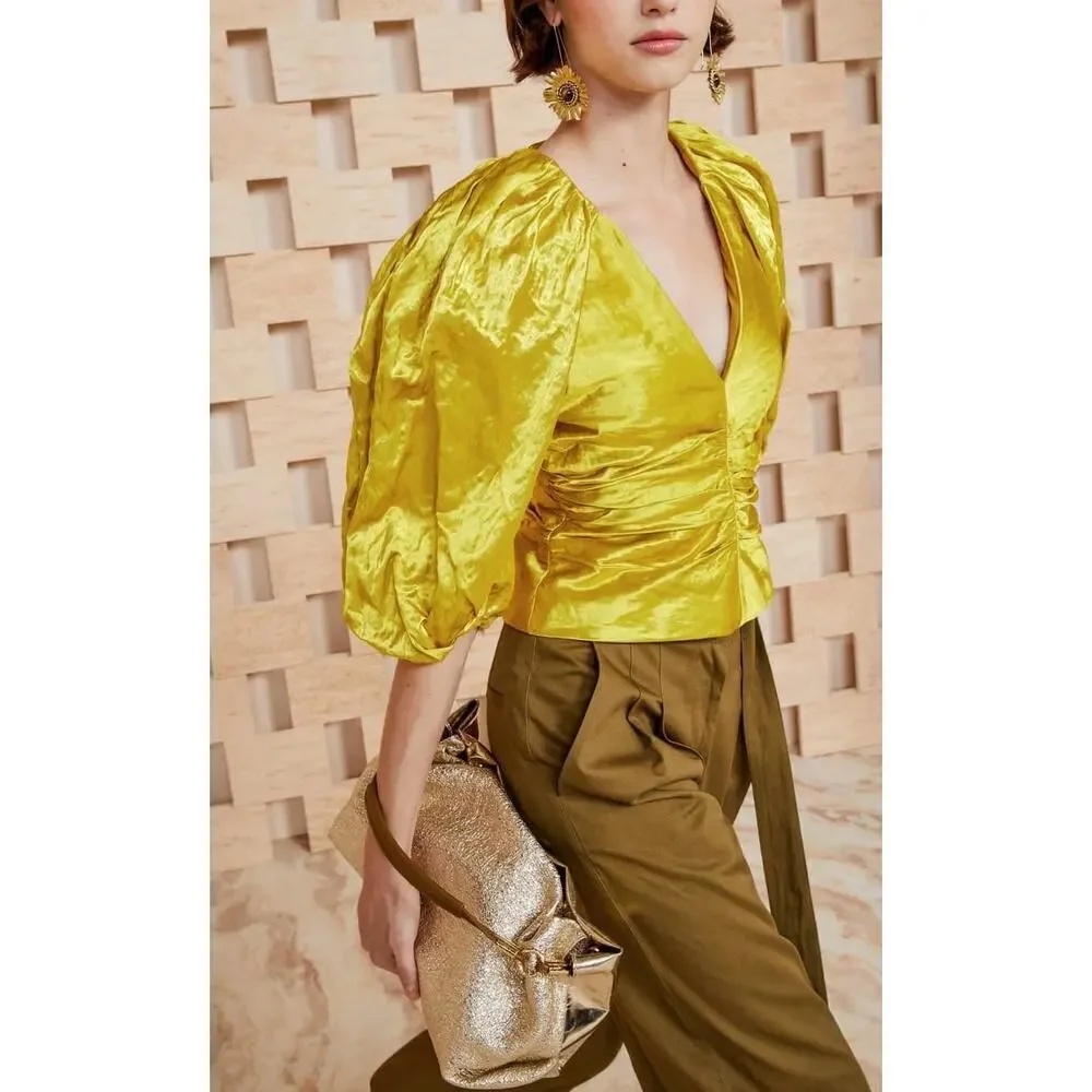 NWT $795 Ulla Johnson Vera Top - Metallic Ruched Puff Sleeve Blouse